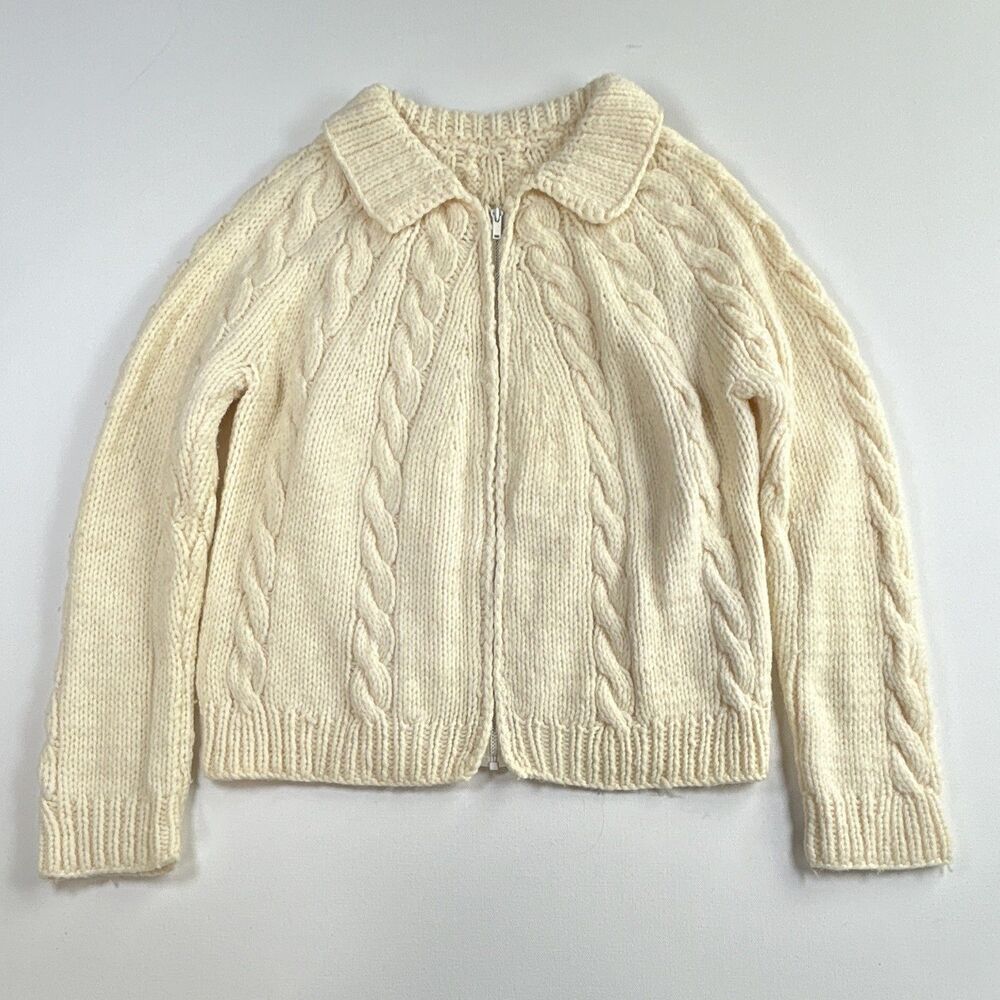 Handmade Ivory Cable-Knit Full Zip Collared Cardigan Sweater Raglan Girls 8-10